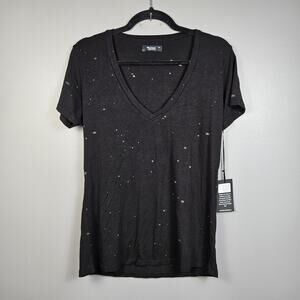 Michael Lauren Black Distressed Ziggy V Neck Tee XS Relaxed Fit